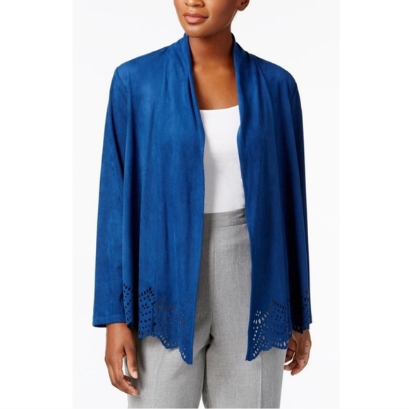 Alfred Dunner Jackets & Blazers - Alfred Dunner Women's Blue Faux Leather Cutout Hem Open Front Jacket Size 16W